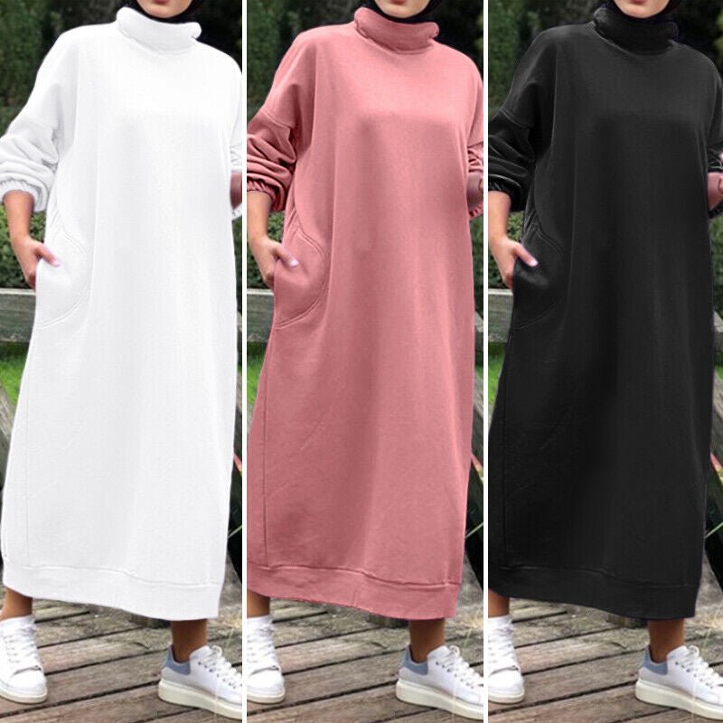 Autumn Winter Lined Turtleneck Maxi Dress | Casual Sweatshirt Dress with Elastic Cuffs (MS138) - Mariam's Collection