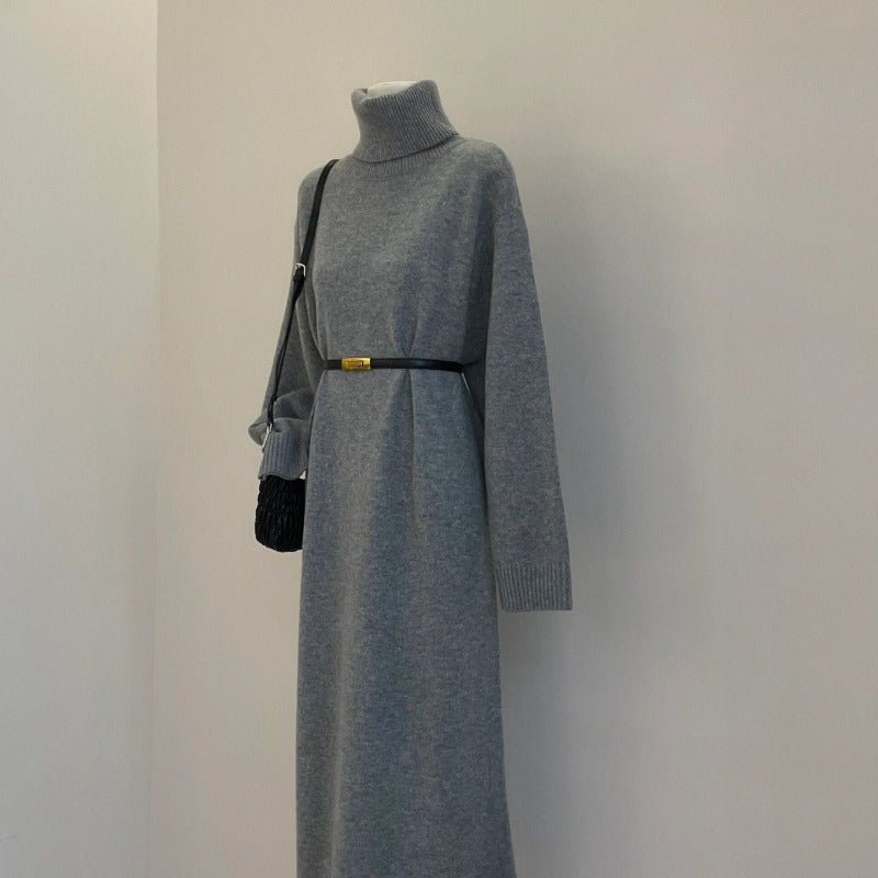 Autumn Winter Turtleneck Knit Maxi Dress | Elegant Lazy Style Grey Long Sleeve Sweater Dress(MS131) Grey / M Autumn Winter Turtleneck Knit Maxi Dress | Elegant Lazy Style Grey Long Sleeve Sweater Dress(MS131) Grey / M
