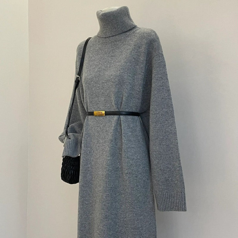 Autumn Winter Turtleneck Knit Maxi Dress | Elegant Lazy Style Grey Long Sleeve Sweater Dress(MS131) - Mariam's Collection