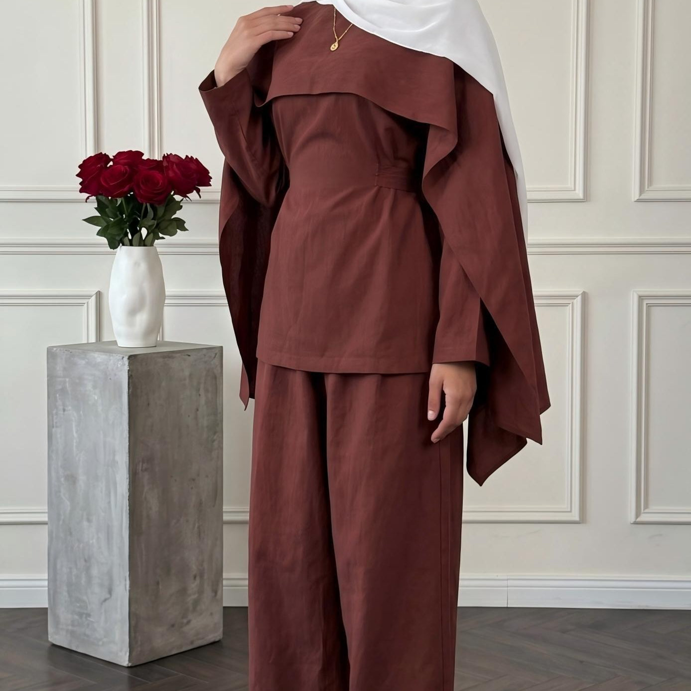 Detachable Shawl Long-Sleeve Top & Wide-Leg Trousers Three-Piece Co-ord Set(MS487)