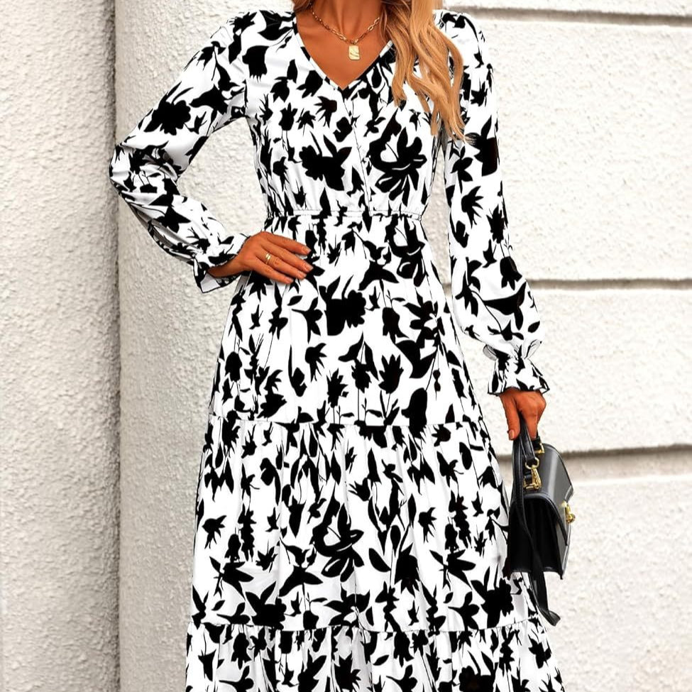 Floral Print V-Neck Midi Dress | Long Sleeve Elastic Waist Dress(MS271)