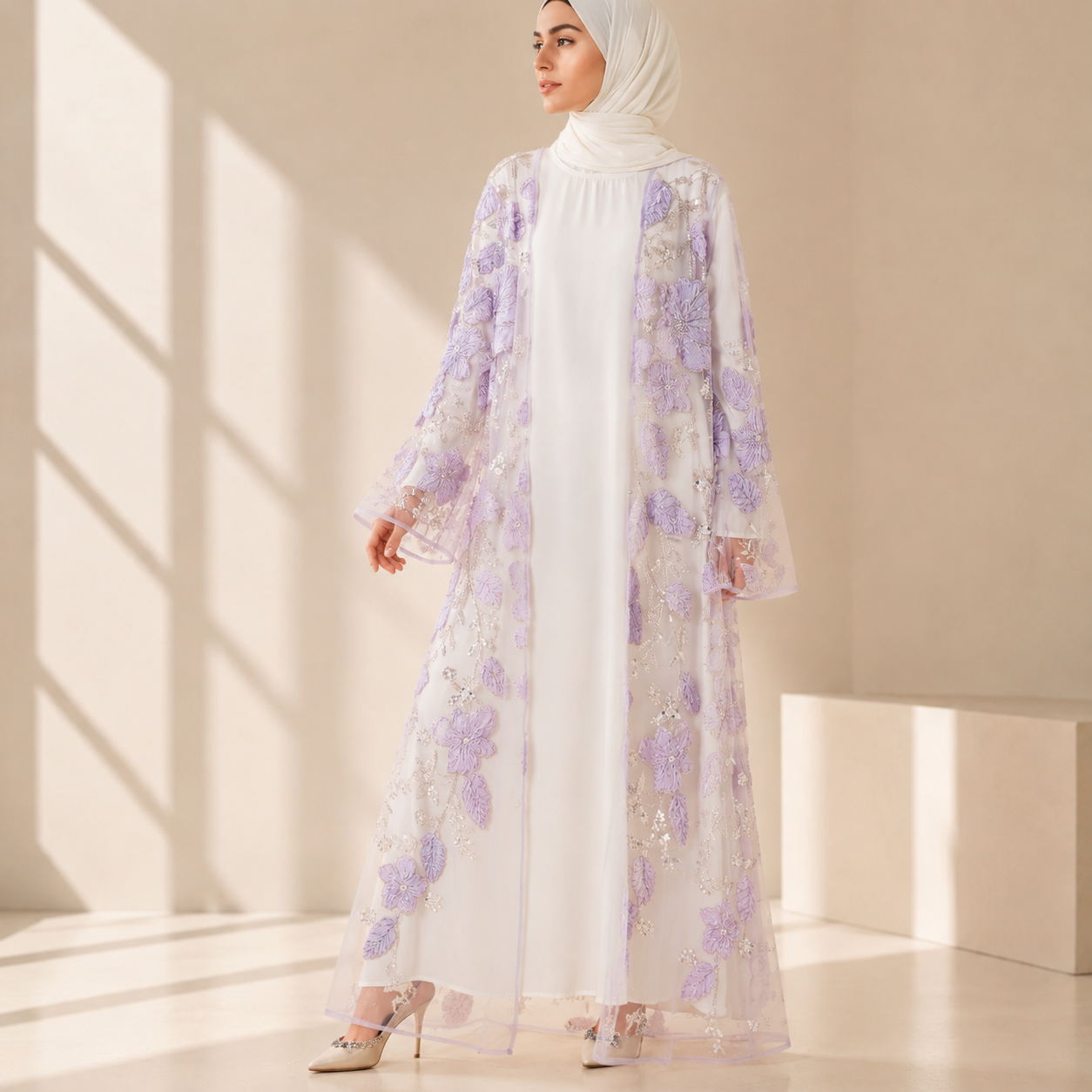 Luxury 3D Floral Beaded Embroidered Mesh Open Abaya– Lavender Occasion Abaya (MOA304)