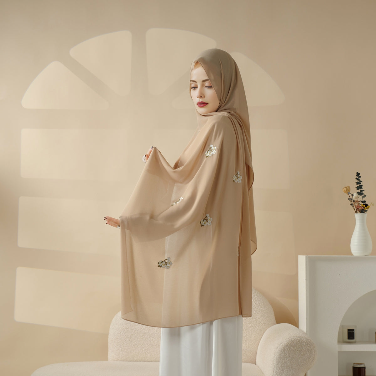 Plain Chiffon Shawl Hijab With Embroidery, Extra-Fine Embroidered Hijab (MH077)