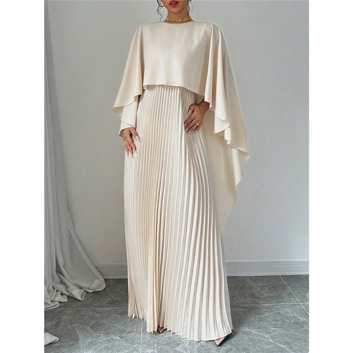 Bat Sleeve Pleated Maxi Dress | Cream White Cape Dress with Dramatic Bell Sleeves. (MA241) - Mariam's Collection