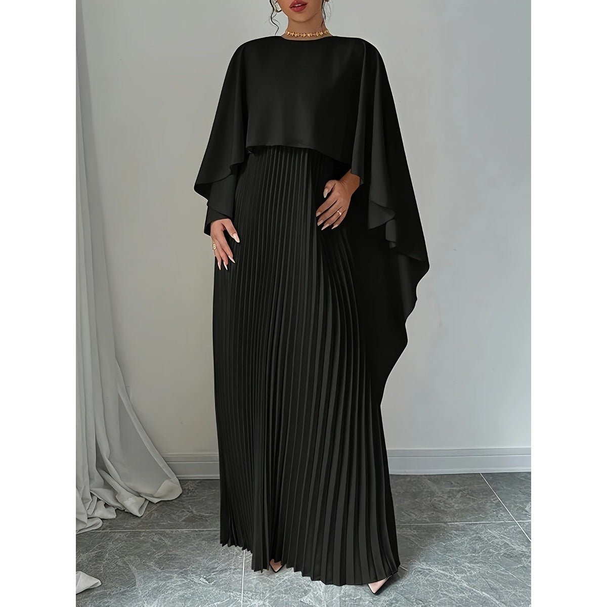 Bat Sleeve Pleated Maxi Dress | Cream White Cape Dress with Dramatic Bell Sleeves. (MA241) - Mariam's Collection