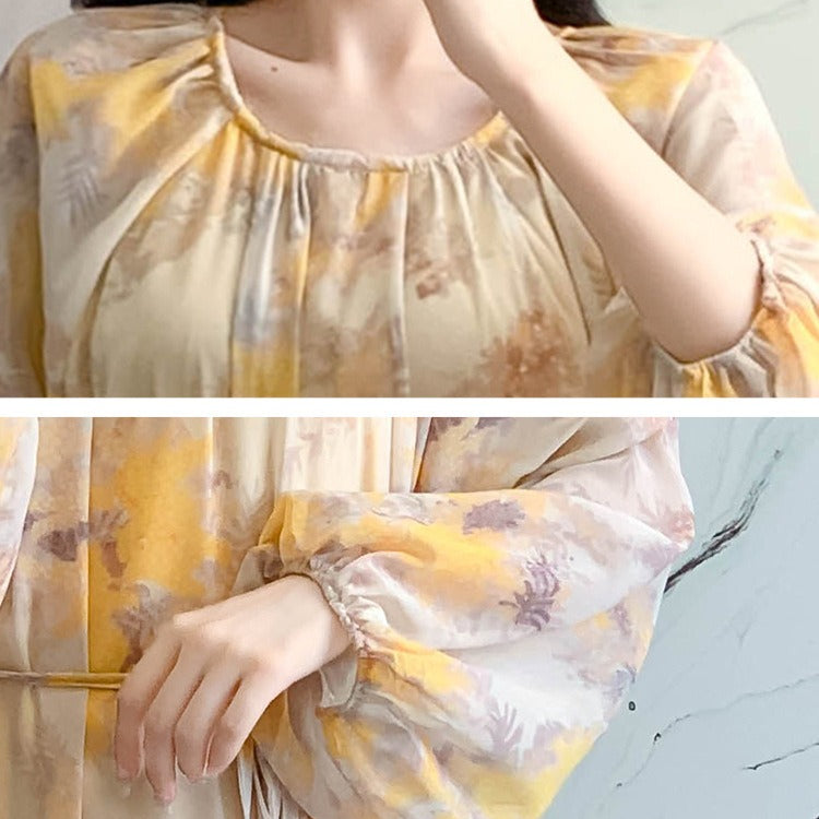 Watercolor Print Chiffon Maxi Dress | Long Sleeve Tiered Dress(MS270)