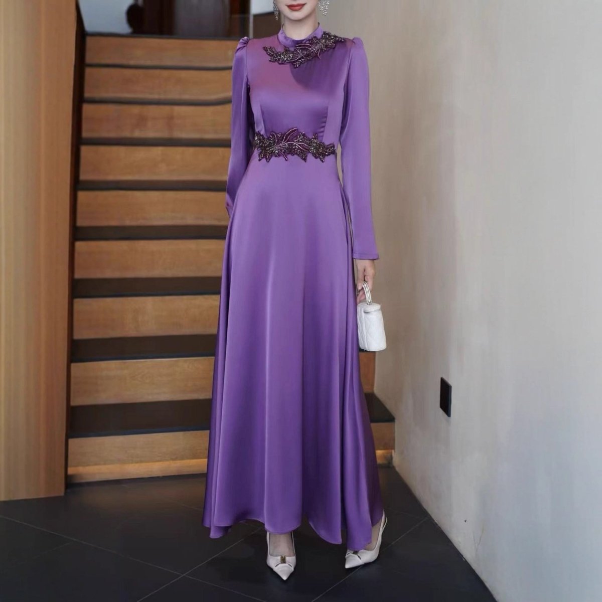 Beaded Embellished Maxi Dress  Satin Evening Gown