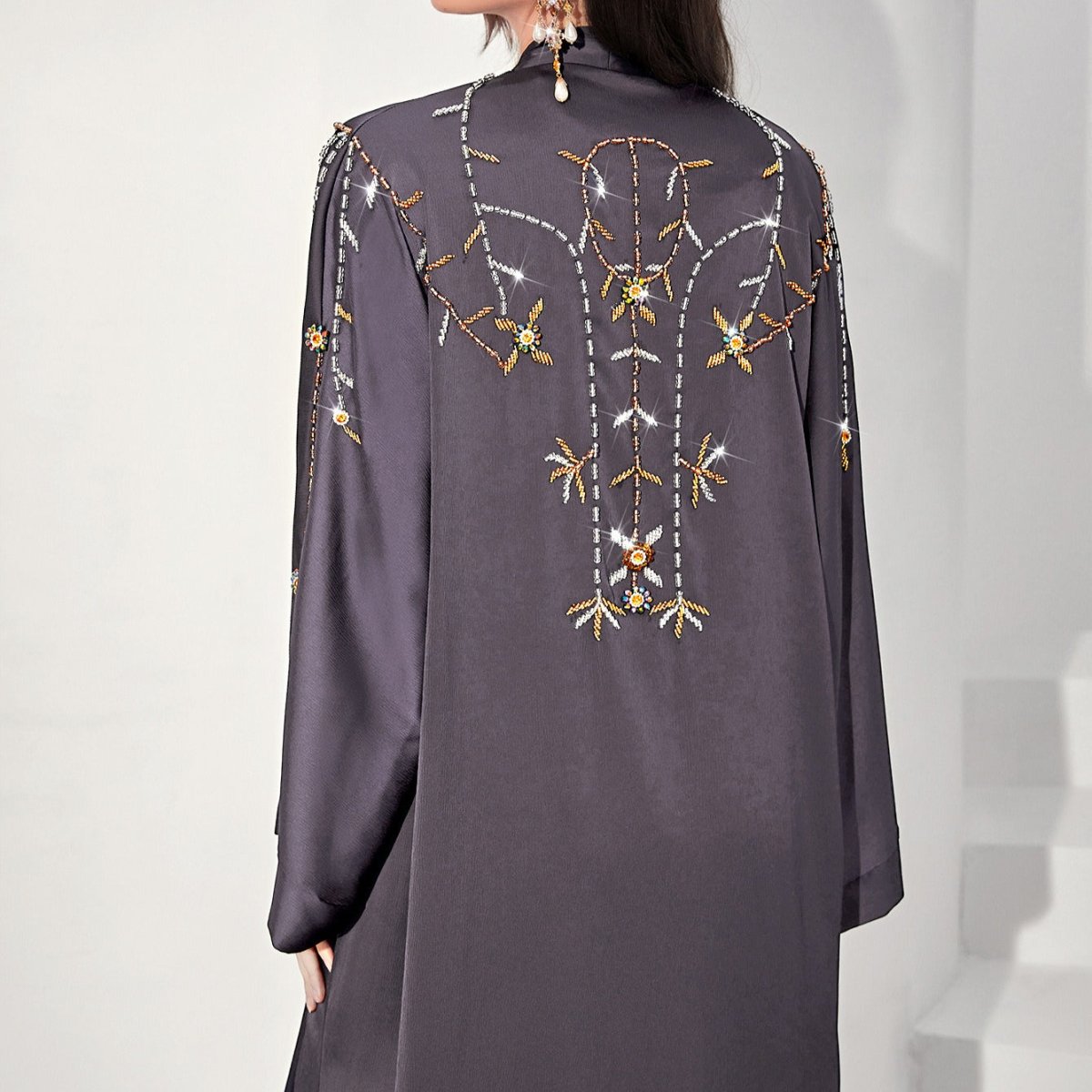 Beaded Floral Vine Abaya | Open - Front Embellished Cardigan(MOA268) - Mariam's Collection