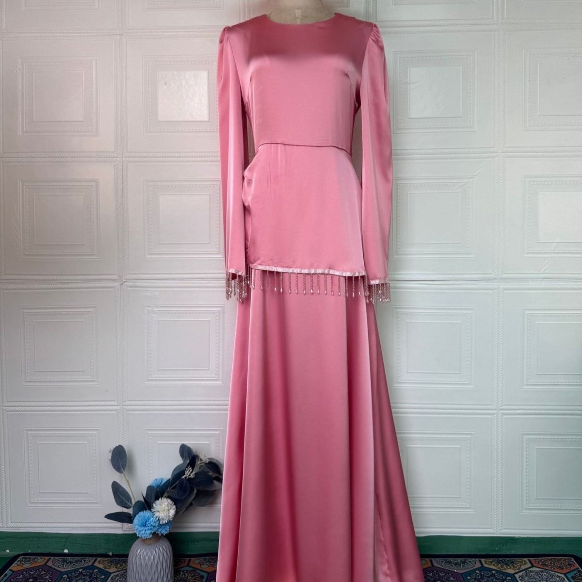 Beaded Fringe Cuff Maxi Dress(MS480) - Mariam's Collection