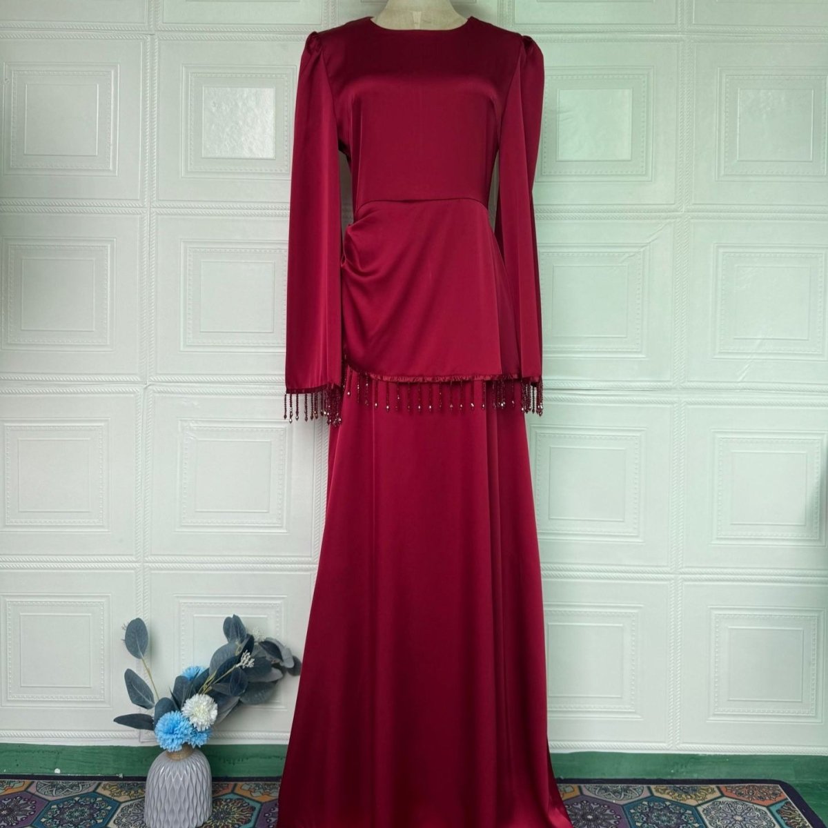 Beaded Fringe Cuff Maxi Dress(MS480) - Mariam's Collection