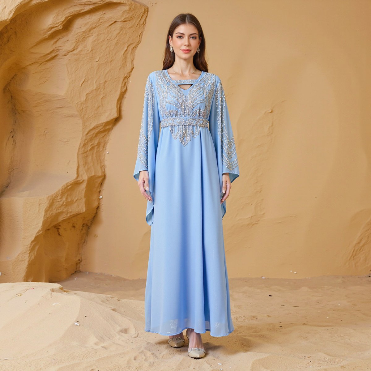 beaded kaftan dress Silver beaded Kaftan with floral motifs main image 0