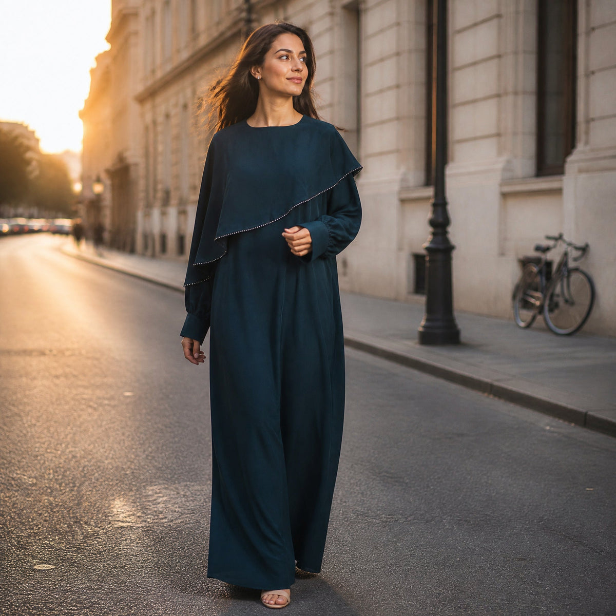 Beaded Ruffle Balloon-Sleeve Abaya(MA473) - Mariam's Collection