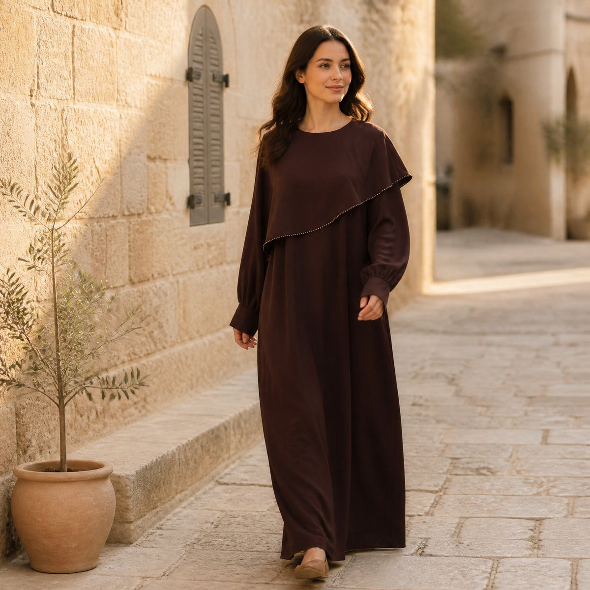 Beaded Ruffle Balloon-Sleeve Abaya(MA473) - Mariam's Collection