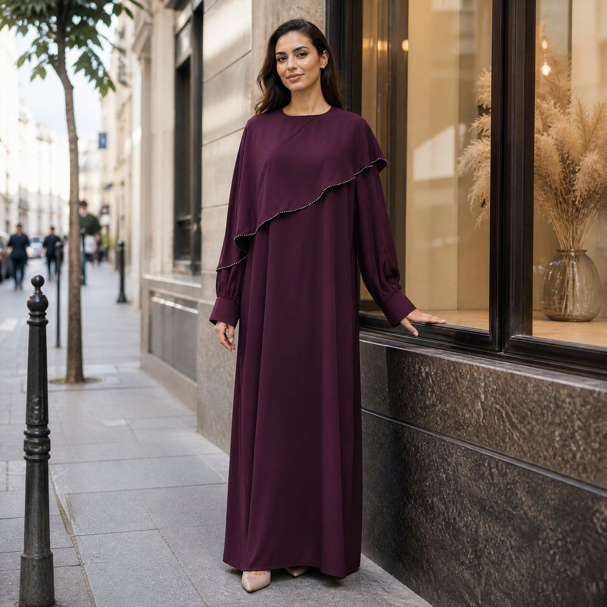 Beaded Ruffle Balloon-Sleeve Abaya(MA473) - Mariam's Collection