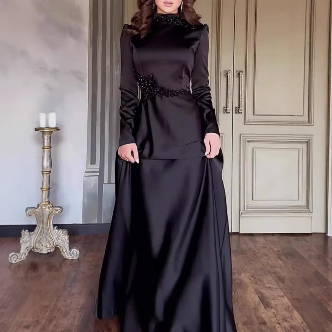 Beaded Satin Evening Gown | High Neck Long Sleeve Maxi Dress(MA349), Black / XL Beaded Satin Evening Gown | High Neck Long Sleeve Maxi Dress(MA349), Black / XL