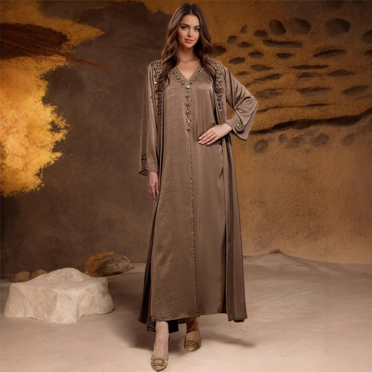 Beaded Two - Piece Abaya Set with Jacket | Embellished Kaftan Gown(MOA269) - Mariam's Collection