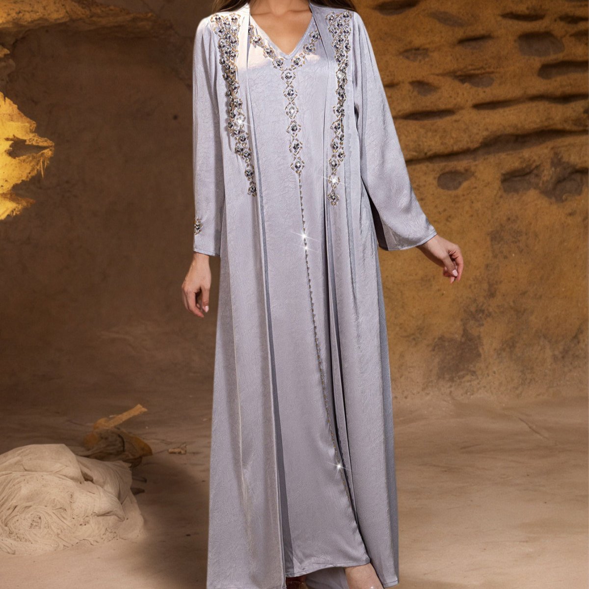 Beaded Two - Piece Abaya Set with Jacket | Embellished Kaftan Gown(MOA269) - Mariam's Collection