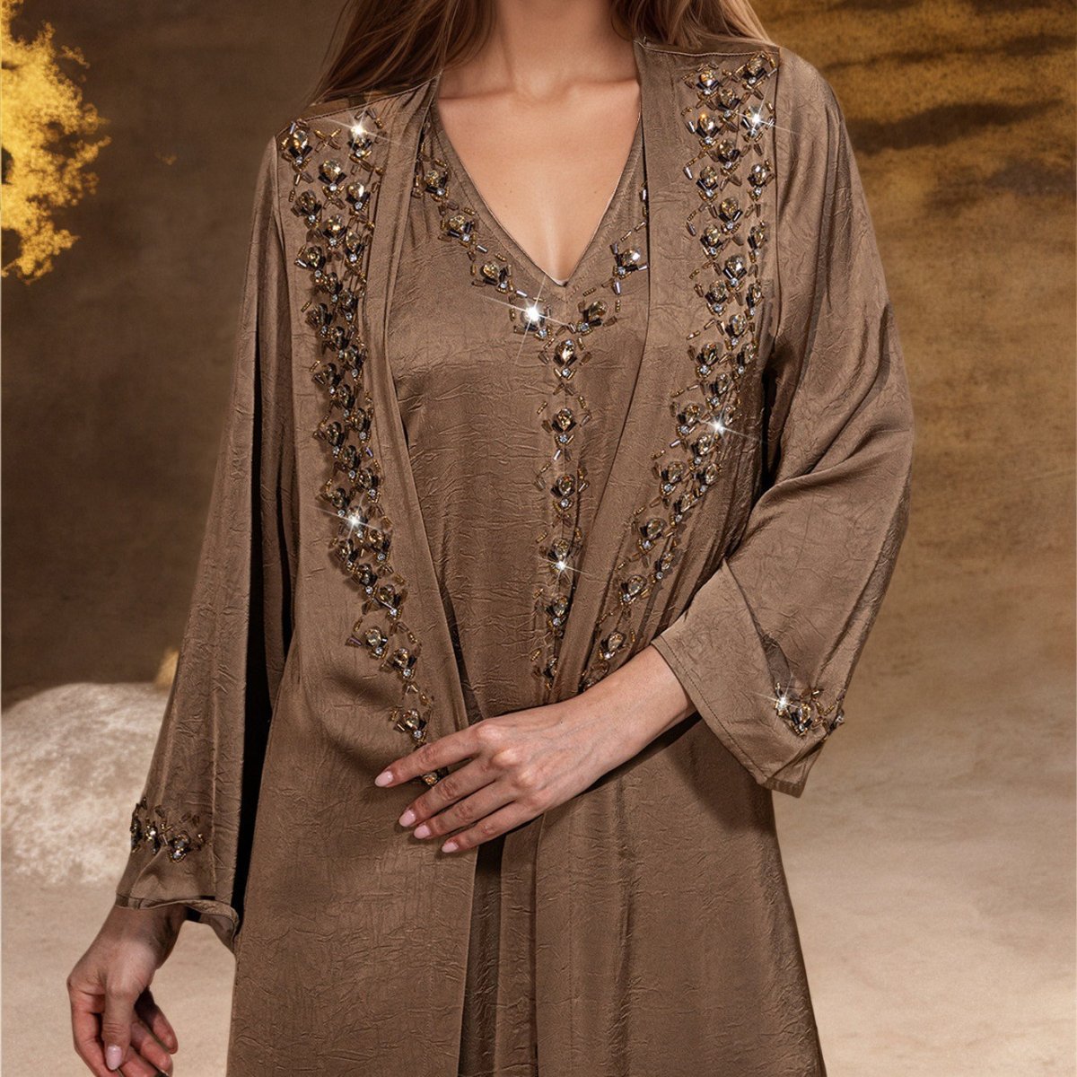 Beaded Two - Piece Abaya Set with Jacket | Embellished Kaftan Gown(MOA269) - Mariam's Collection