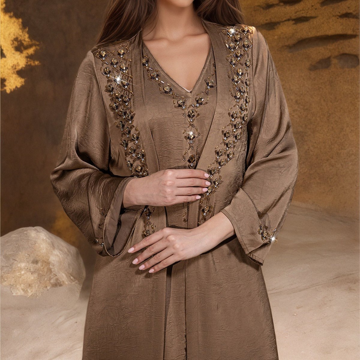 Beaded Two - Piece Abaya Set with Jacket | Embellished Kaftan Gown(MOA269) - Mariam's Collection