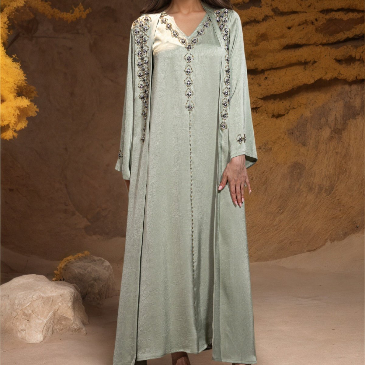 Beaded Two - Piece Abaya Set with Jacket | Embellished Kaftan Gown (MOA269)