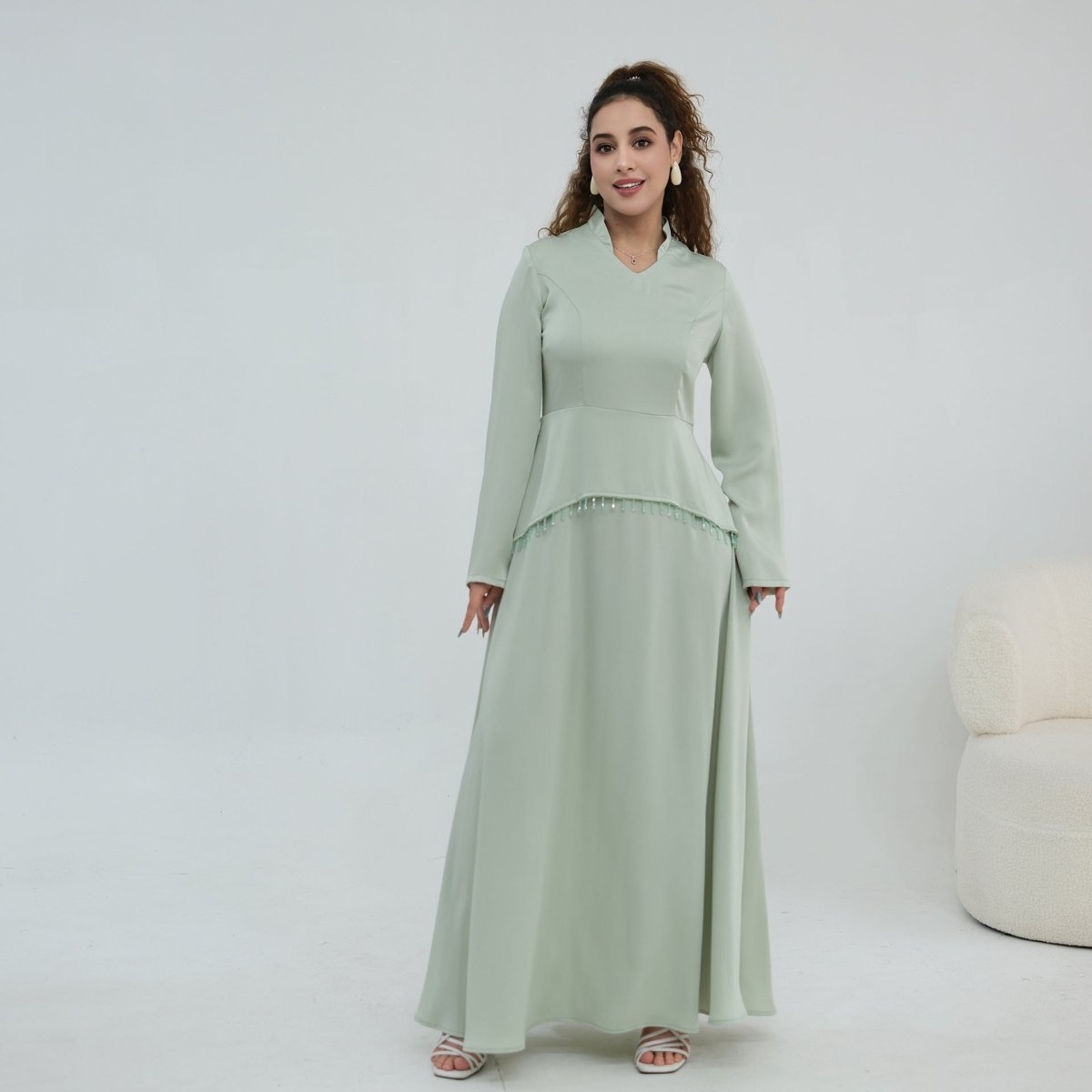 Beaded-Waist Corset-Back Flared-Sleeve Maxi Dress(MS476) - Mariam's Collection