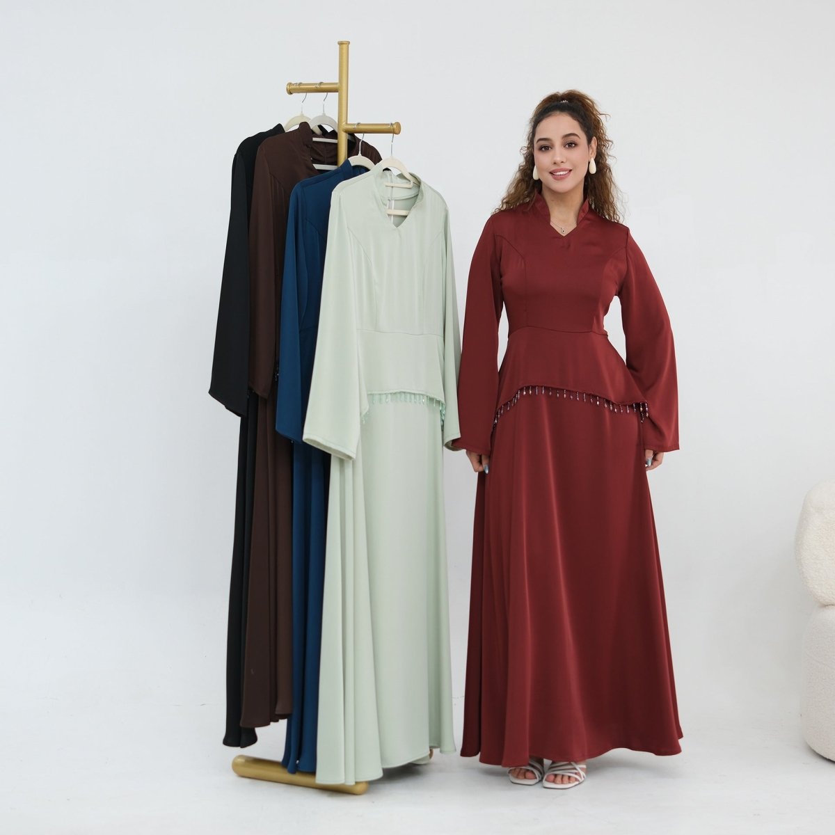 Beaded-Waist Corset-Back Flared-Sleeve Maxi Dress(MS476) - Mariam's Collection