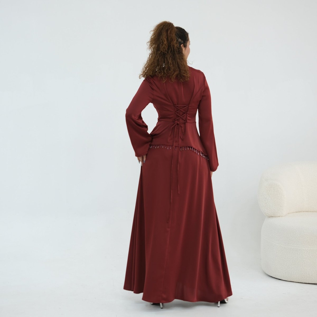 Beaded-Waist Corset-Back Flared-Sleeve Maxi Dress(MS476) - Mariam's Collection