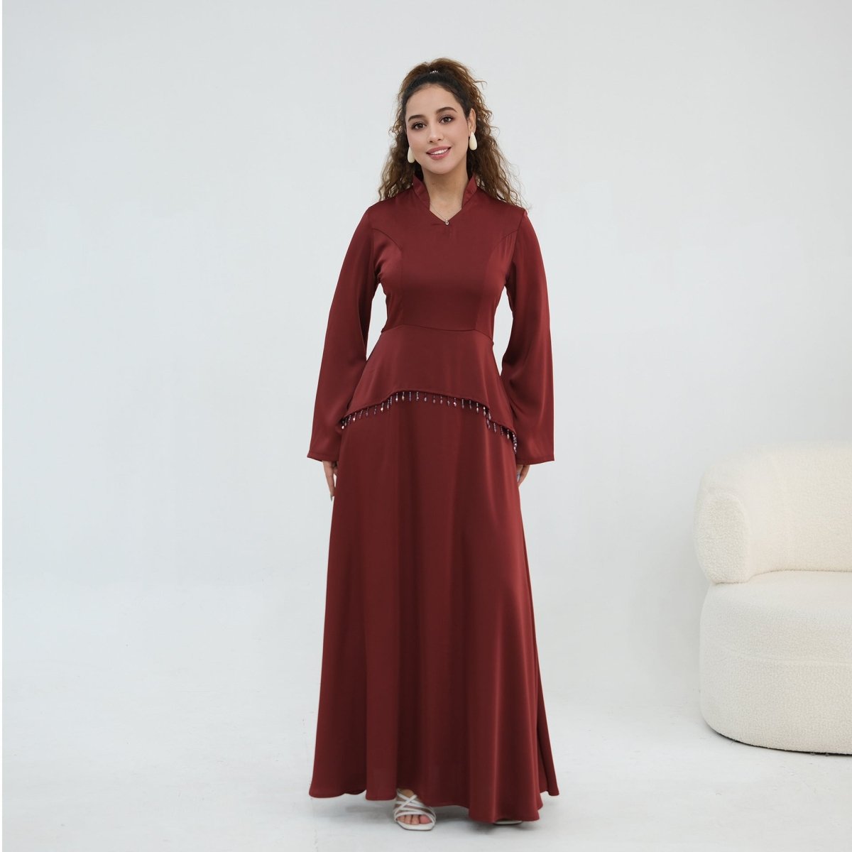 flared corset dress Beaded-Waist Corset-Back Flared-Sleeve Maxi Dress(MS476) Brick red / M Size:Custom Size/Plus Size lay flat to dry recently_added_2024-10-31 The Black Tux Essential
