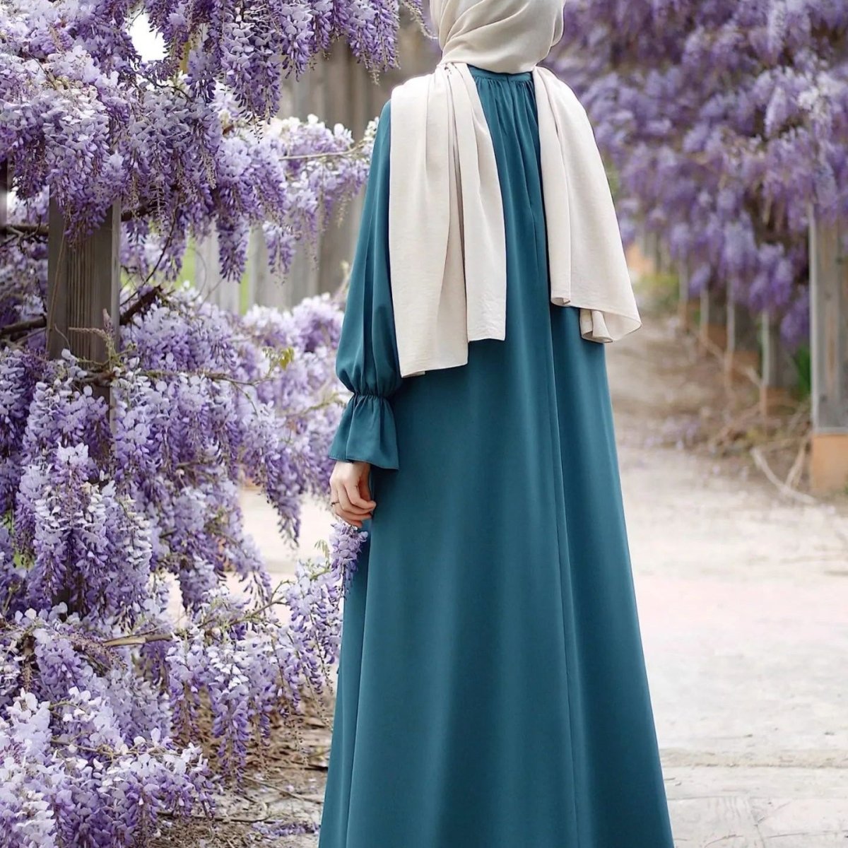Bell Sleeve Chiffon Abaya | Round Neck Pocket Maxi Dress(MA363) - Mariam's Collection