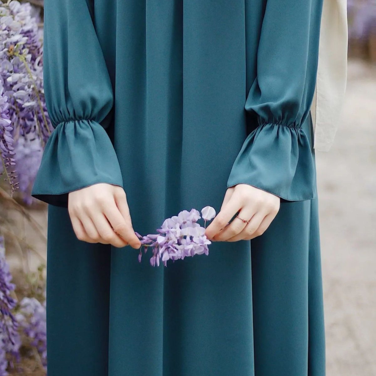 Bell Sleeve Chiffon Abaya | Round Neck Pocket Maxi Dress(MA363) - Mariam's Collection