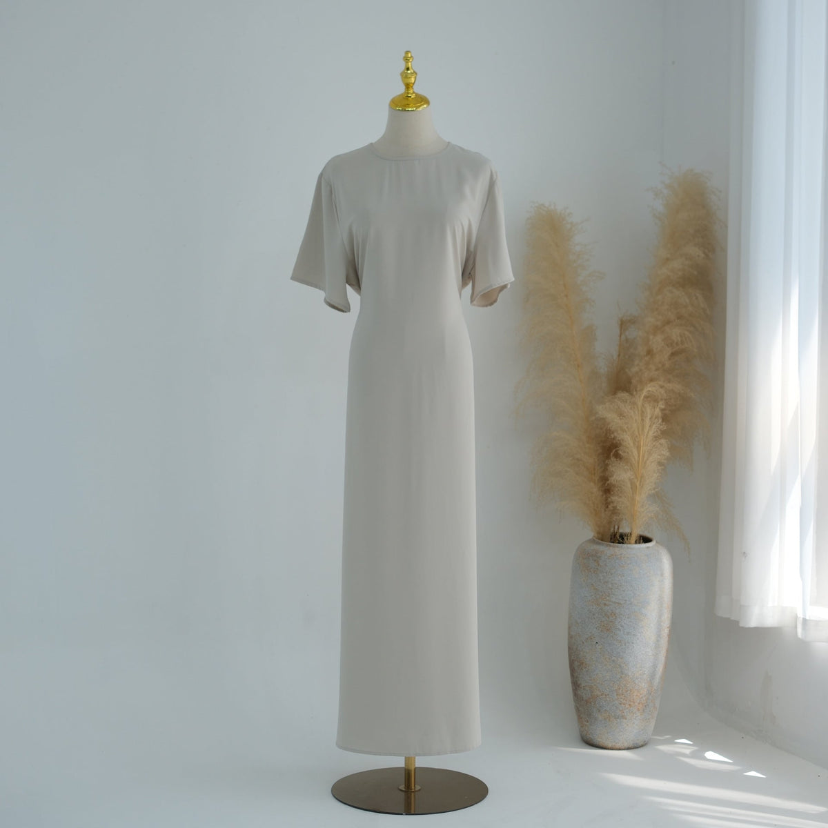Belted Inner Maxi Dress | Minimalist Mid-Sleeve Layering Dress(MS568) - Mariam's Collection