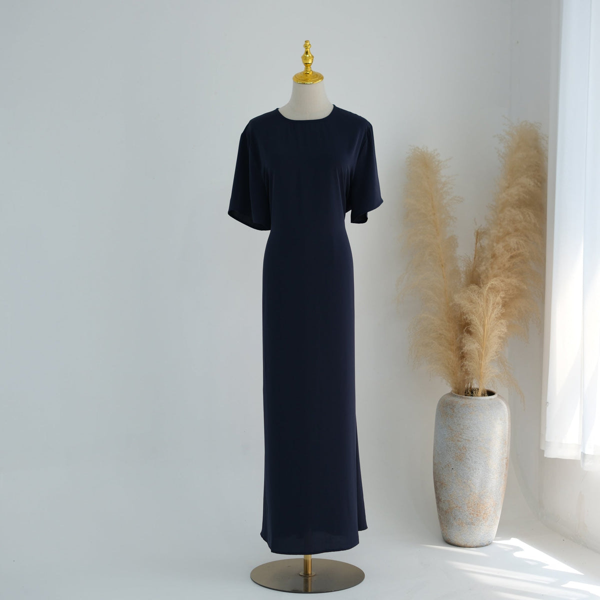 Belted Inner Maxi Dress | Minimalist Mid-Sleeve Layering Dress(MS568) - Mariam's Collection