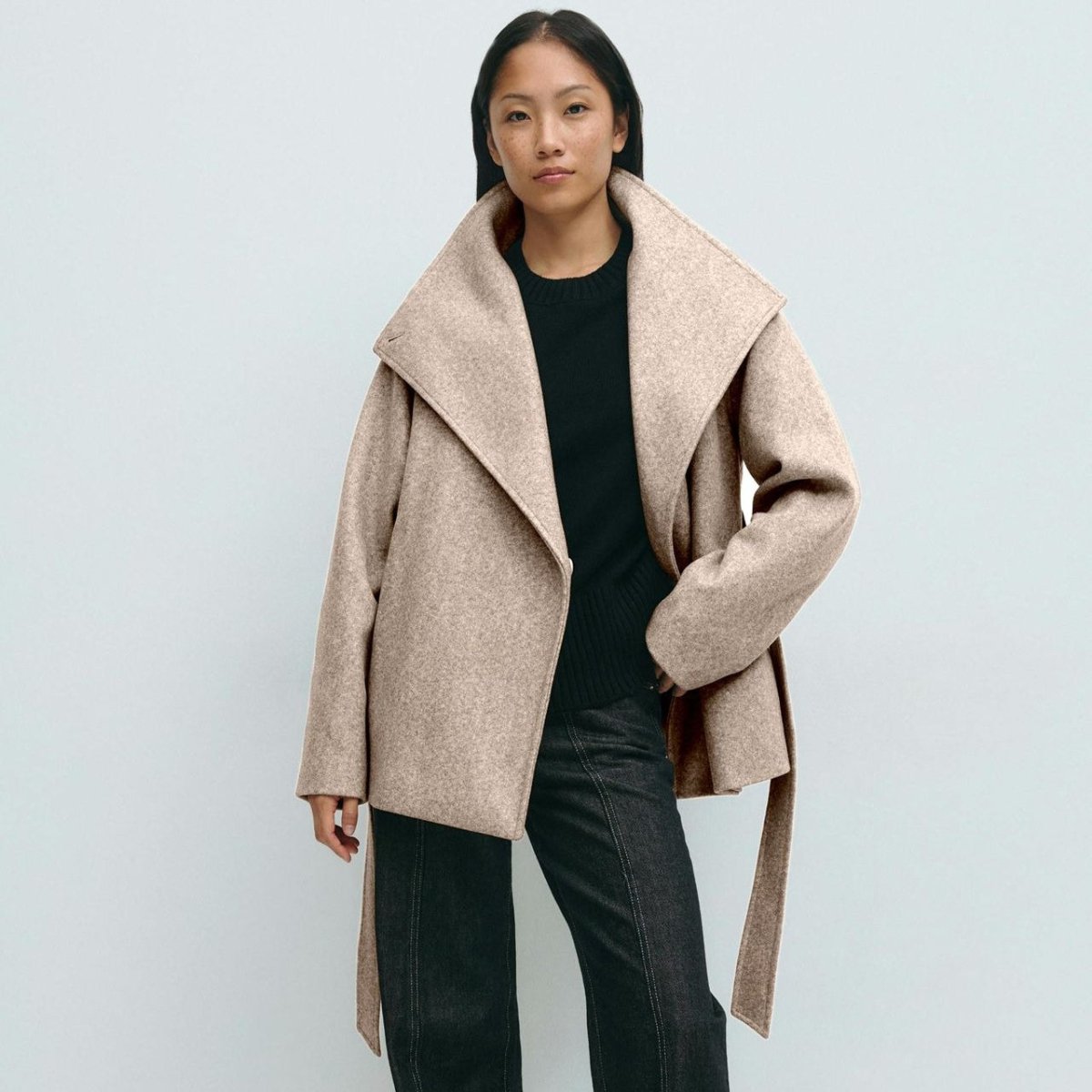 Belted Wrap Coat with Wide Collar | Double - Faced Wool Blend Jacket(MS254) - Mariam's Collection