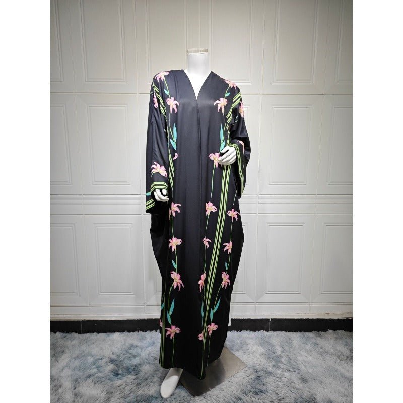 Black Floral Print Abaya Set | Lightweight Breathable Cardigan with Matching Hijab(MOA230) - Mariam's Collection