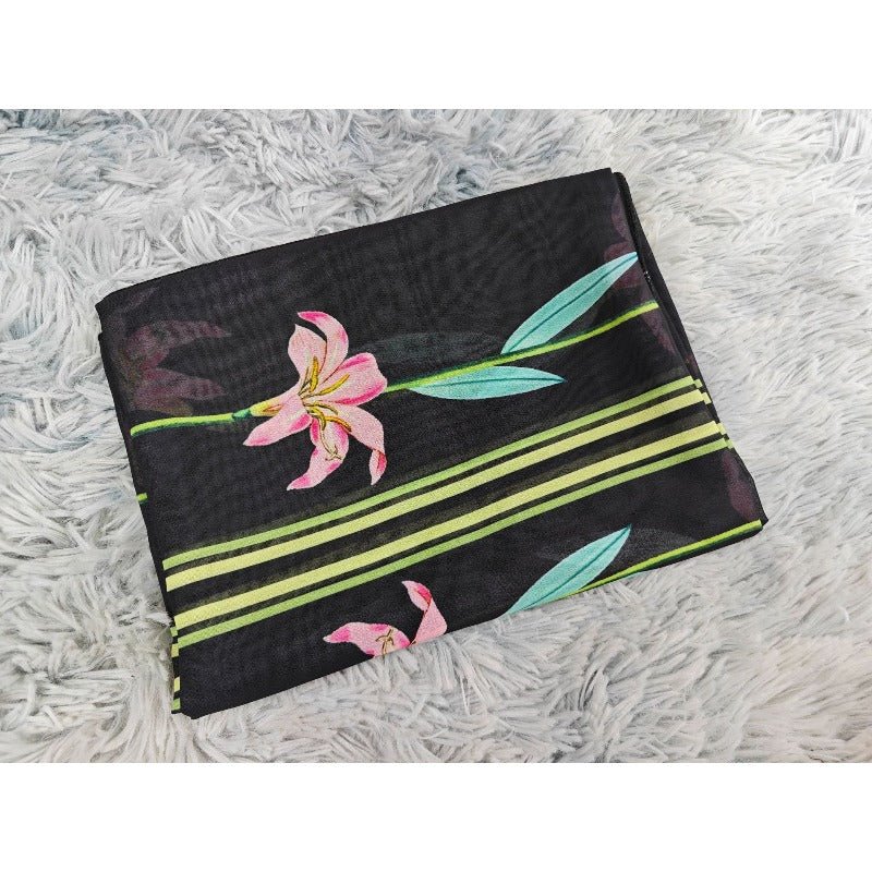 Black Floral Print Abaya Set | Lightweight Breathable Cardigan with Matching Hijab(MOA230) - Mariam's Collection