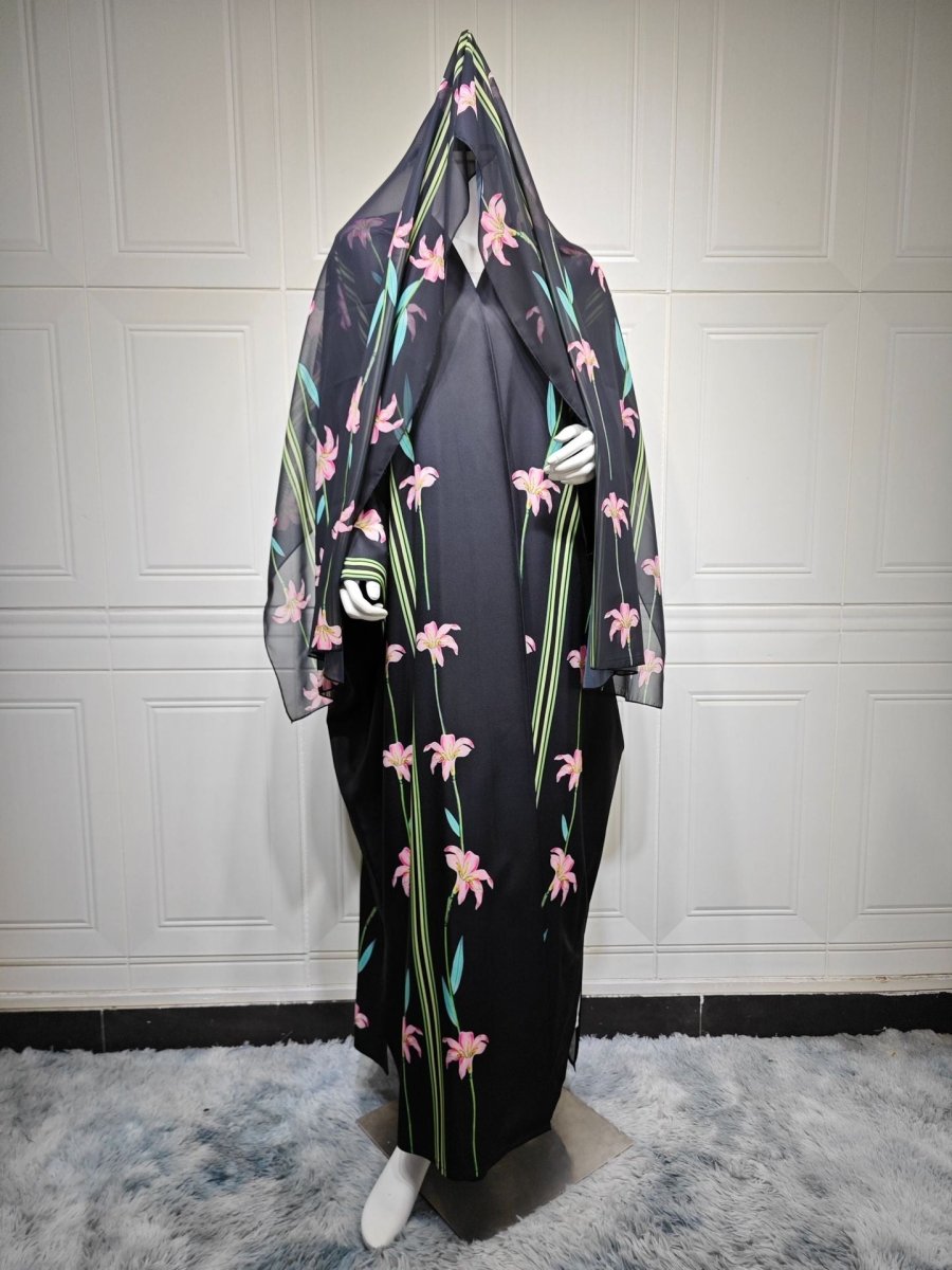 Black Floral Print Abaya Set | Lightweight Breathable Cardigan with Matching Hijab(MOA230) - Mariam's Collection