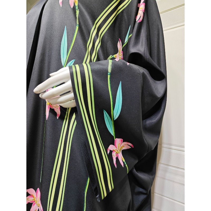 Black Floral Print Abaya Set | Lightweight Breathable Cardigan with Matching Hijab(MOA230) - Mariam's Collection