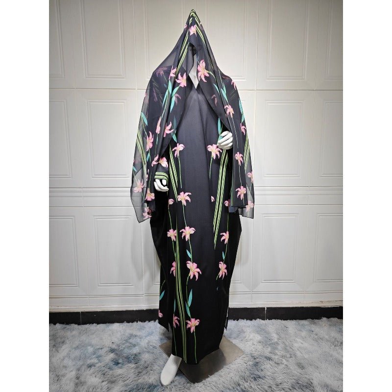 Black Floral Print Abaya Set | Lightweight Breathable Cardigan with Matching Hijab(MOA230) - Mariam's Collection