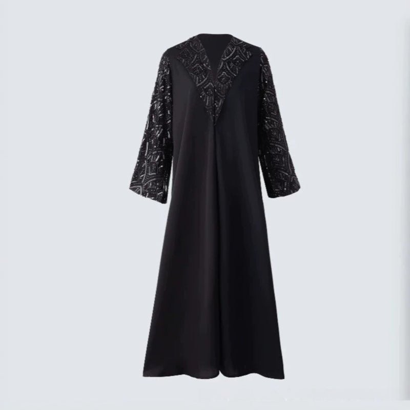 Black Sequin & Bead Embroidered Sleeve Open Abaya(MOA339) - Mariam's Collection