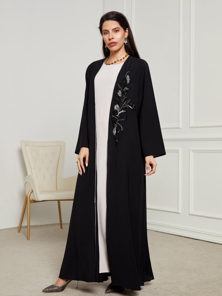 Black & Silver Embroidered Open Front Robe - Modest Elegant Abaya(MOA216) - Mariam's Collection