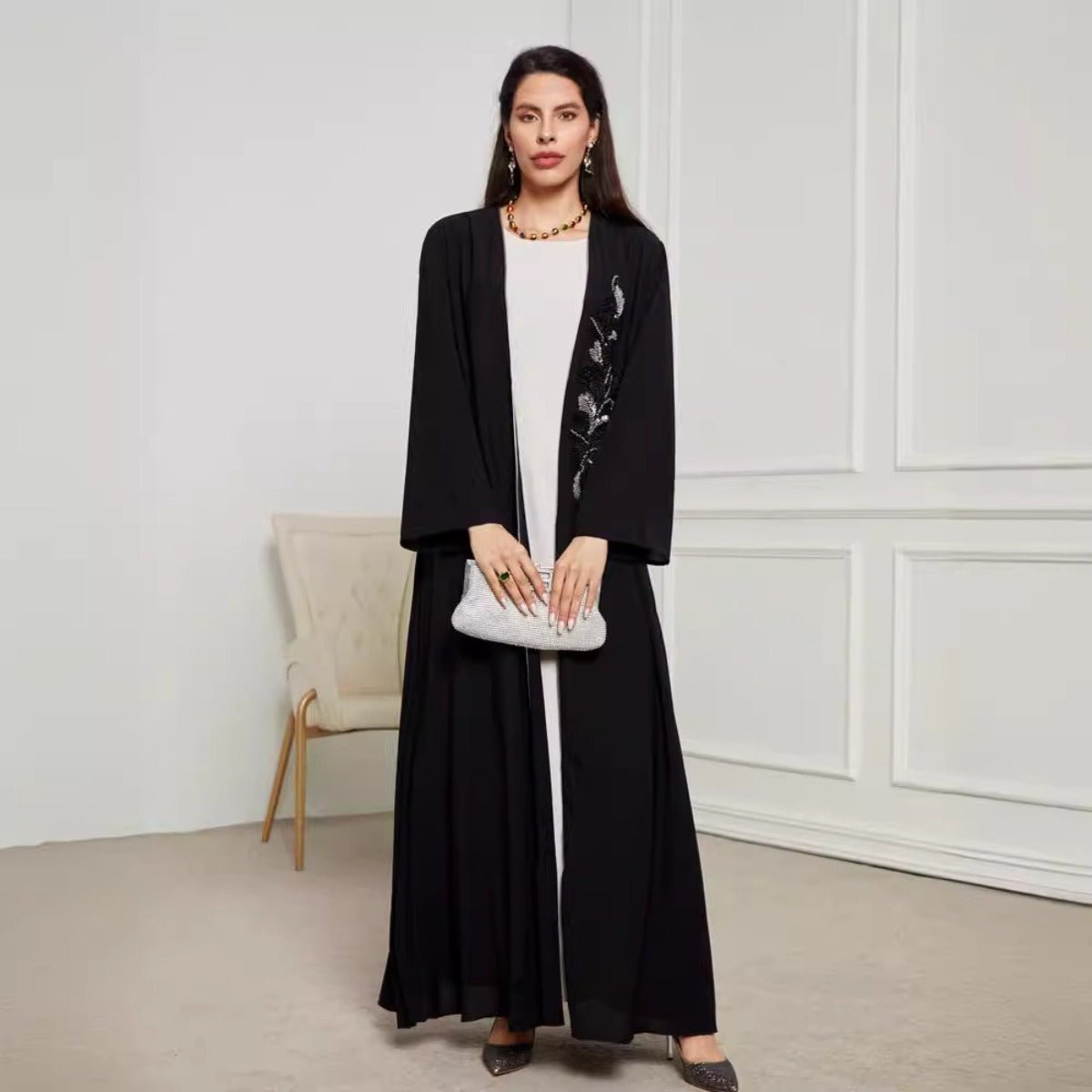 Black & Silver Embroidered Open Front Robe - Modest Elegant Abaya(MOA216) - Mariam's Collection