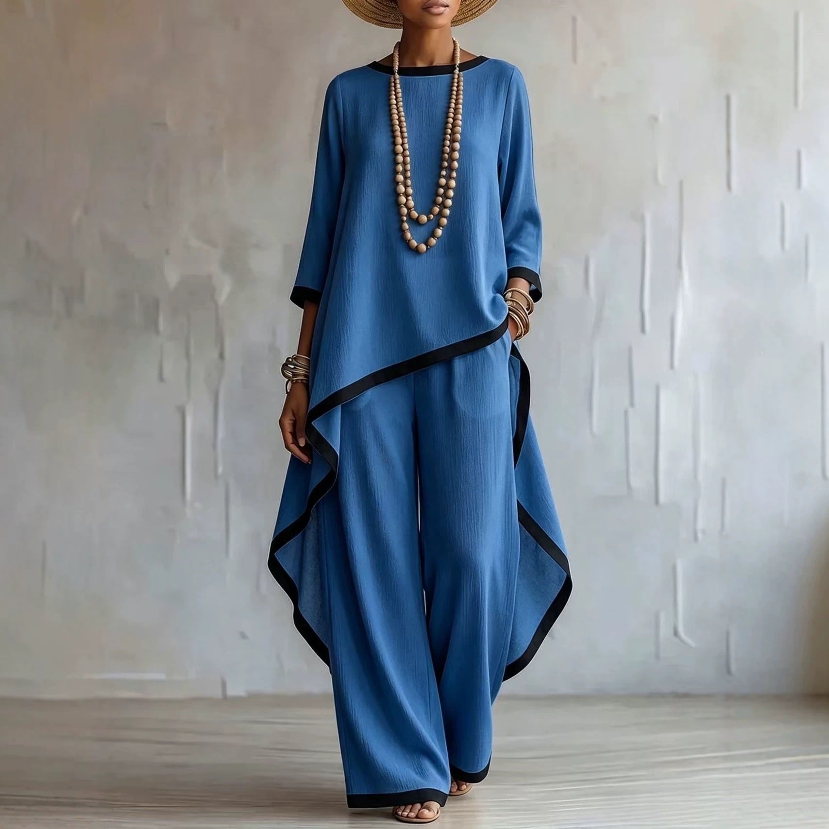 Black-Trimmed Batwing Top & Wide-Leg Trousers Two-Piece Co-ord Set(MS527) - Mariam's Collection