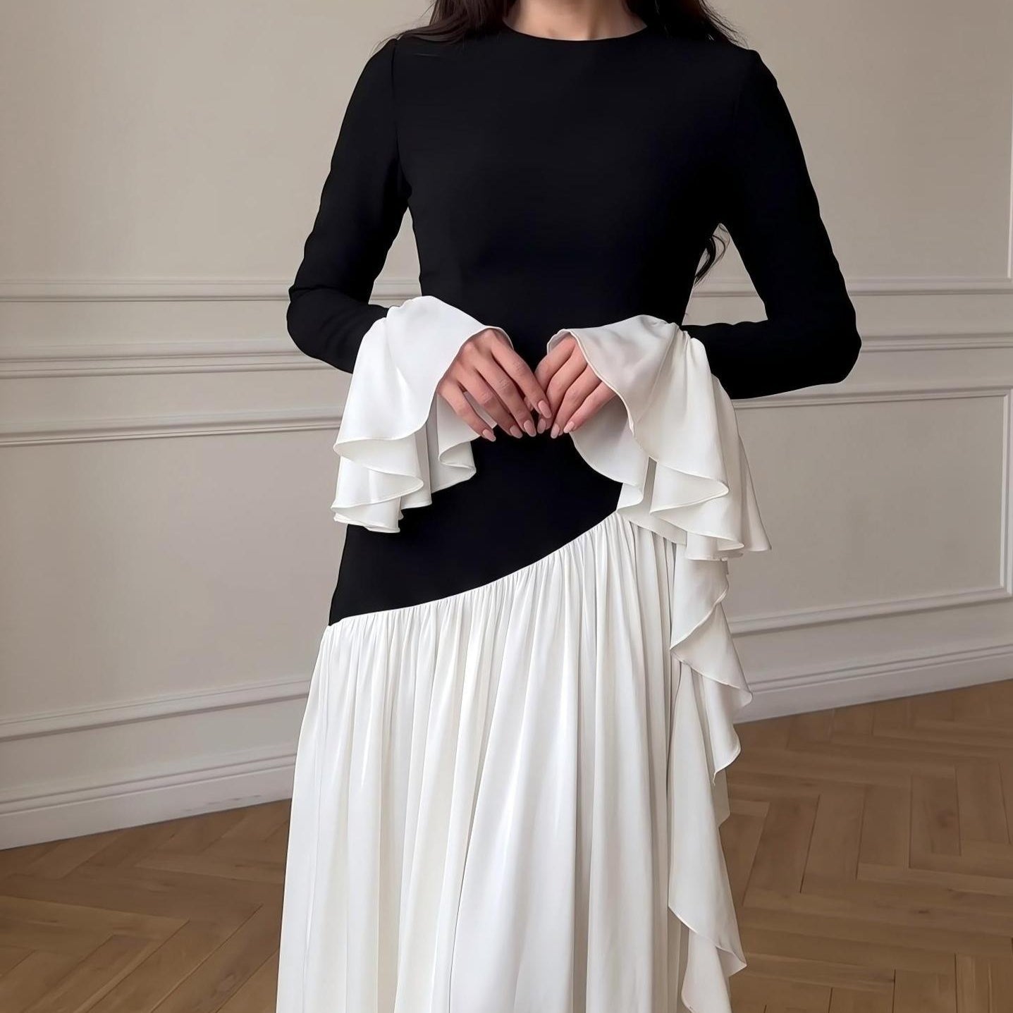 Black & White Colour-Block Ruffle Cuff Maxi Dress(MS509) - Mariam's Collection