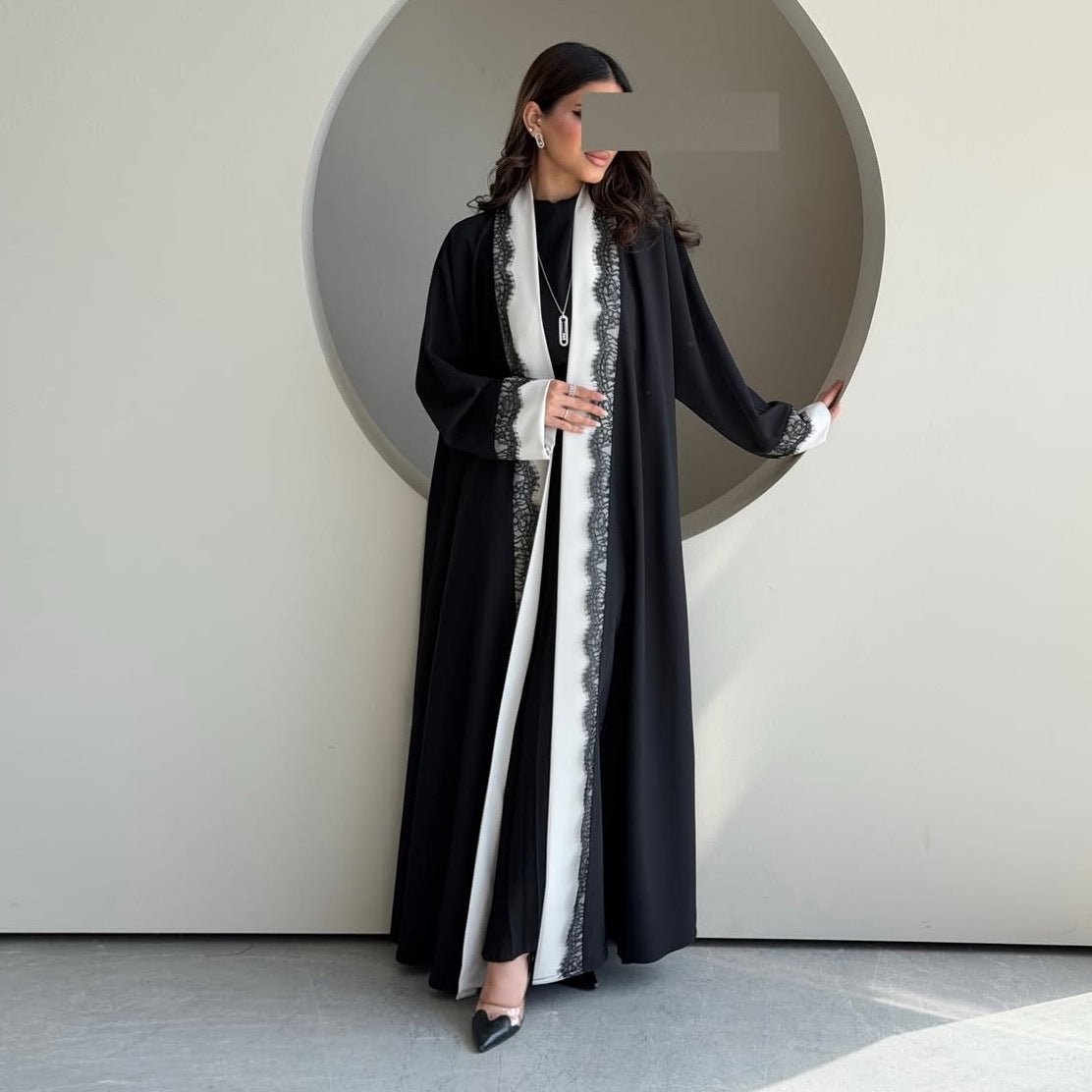 Black & White Lace Open Abaya – Crepe Lace Trim Abaya