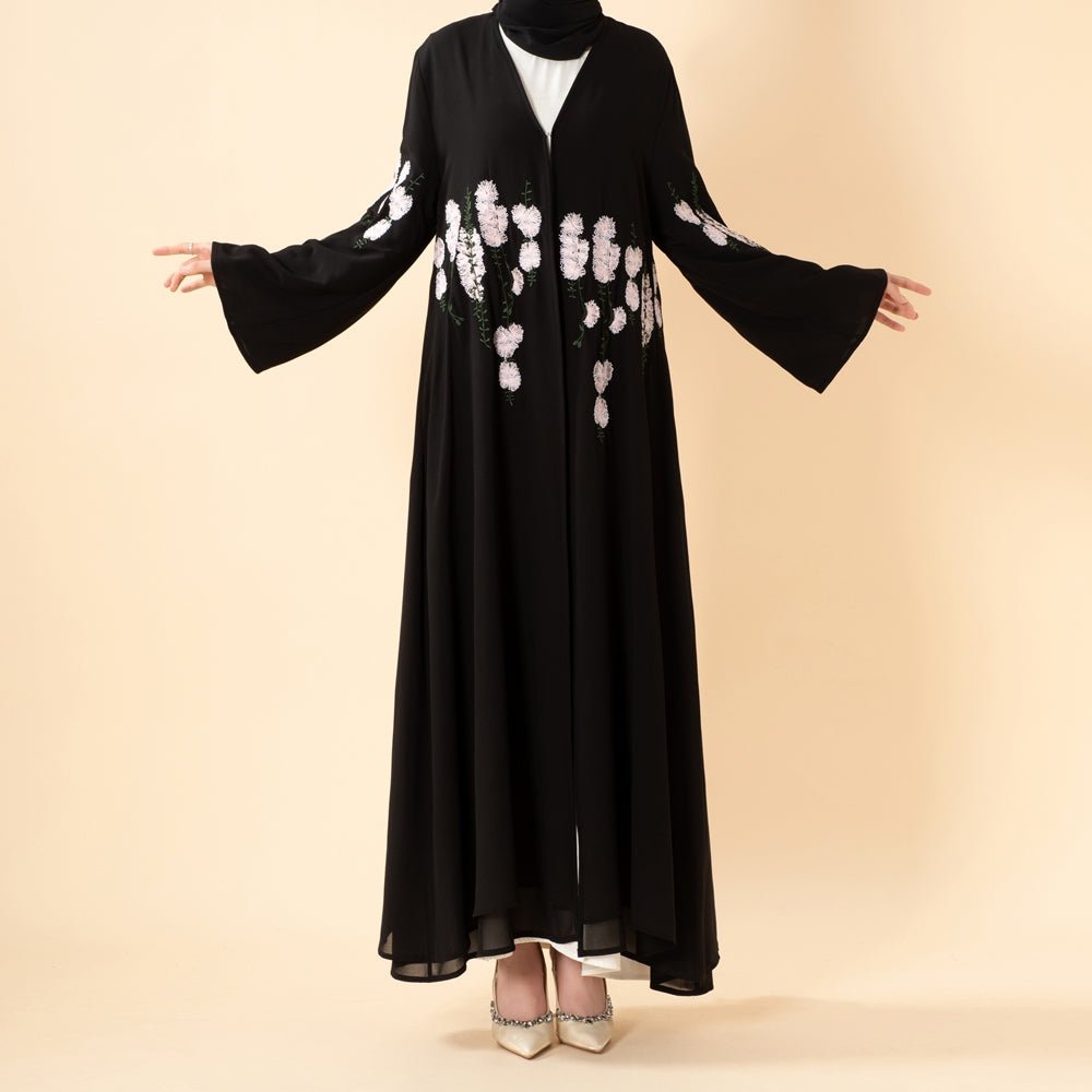 Bloom Embroidered Layered Chiffon Open Abaya(MOA308) - Mariam's Collection