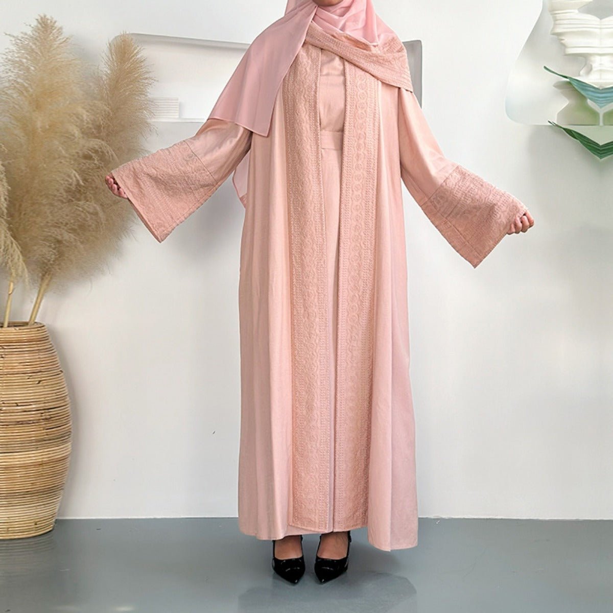 Blossom Elegance Modest Luxury 3 - Piece Abaya Set | Pink & Beige Bell Sleeve Robe with Inner Dress & Hijab. (MOA193) - Mariam's Collection