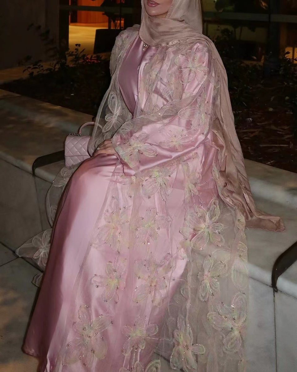Blossom Embroidered Modest Luxury Abaya Cardigan Set | Pink 3D Floral Sheer Cover - Up with Matching Inner Dress. (MOA173) - Mariam's Collection