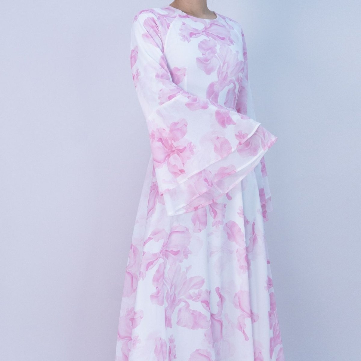 Blossom Printed Chiffon Abaya | Flared Sleeve Abaya (MA149) - Mariam's Collection