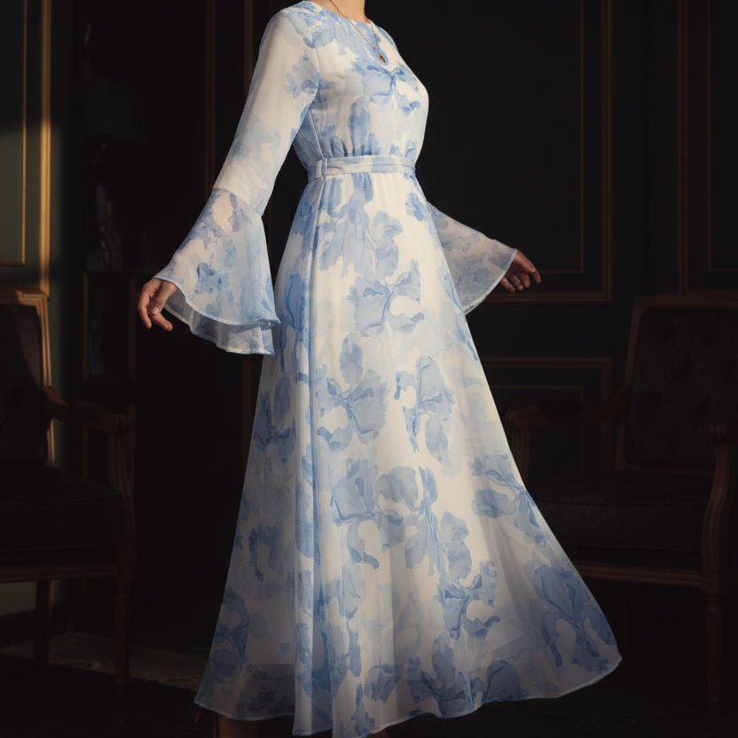 Blossom Printed Chiffon Abaya | Flared Sleeve Abaya (MA149) - Mariam's Collection