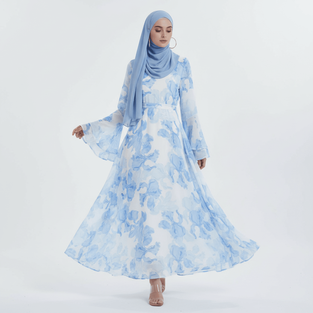 Blossom Printed Chiffon Abaya | Flared Sleeve Abaya (MA149) - Mariam's Collection